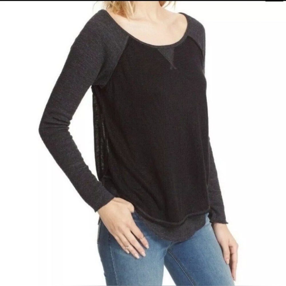 We The Free -- Distressed Layered Knit Black Long Sleeve Top
